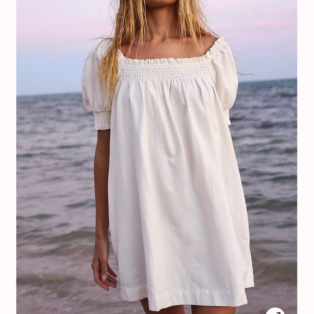 Free People White Smocked Square-Neck Puff-Sleeve Mini Dress